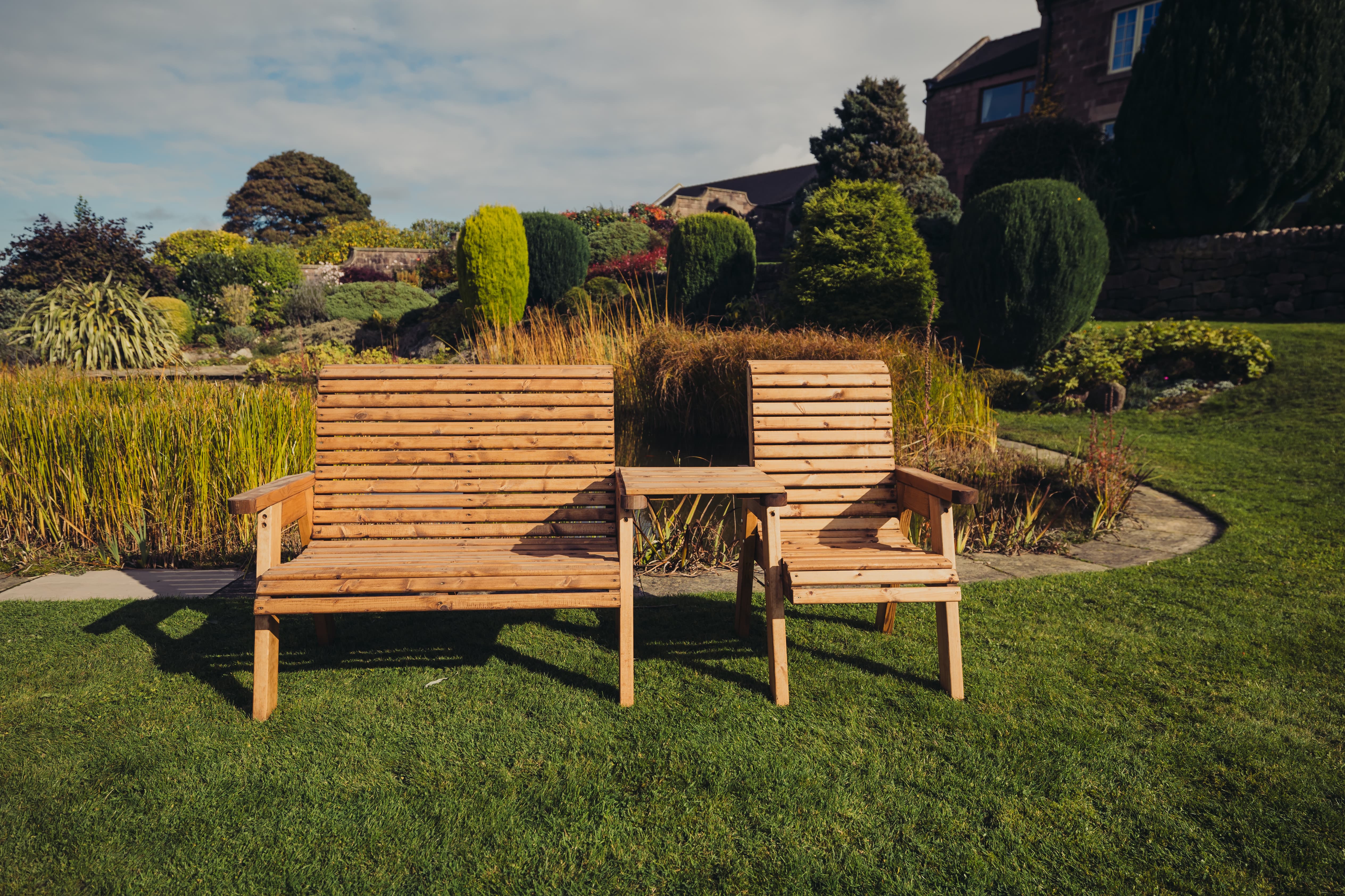 Valley Trio Wooden Garden Love Seat & Bench with Straight Central Tray - Churnet Valley