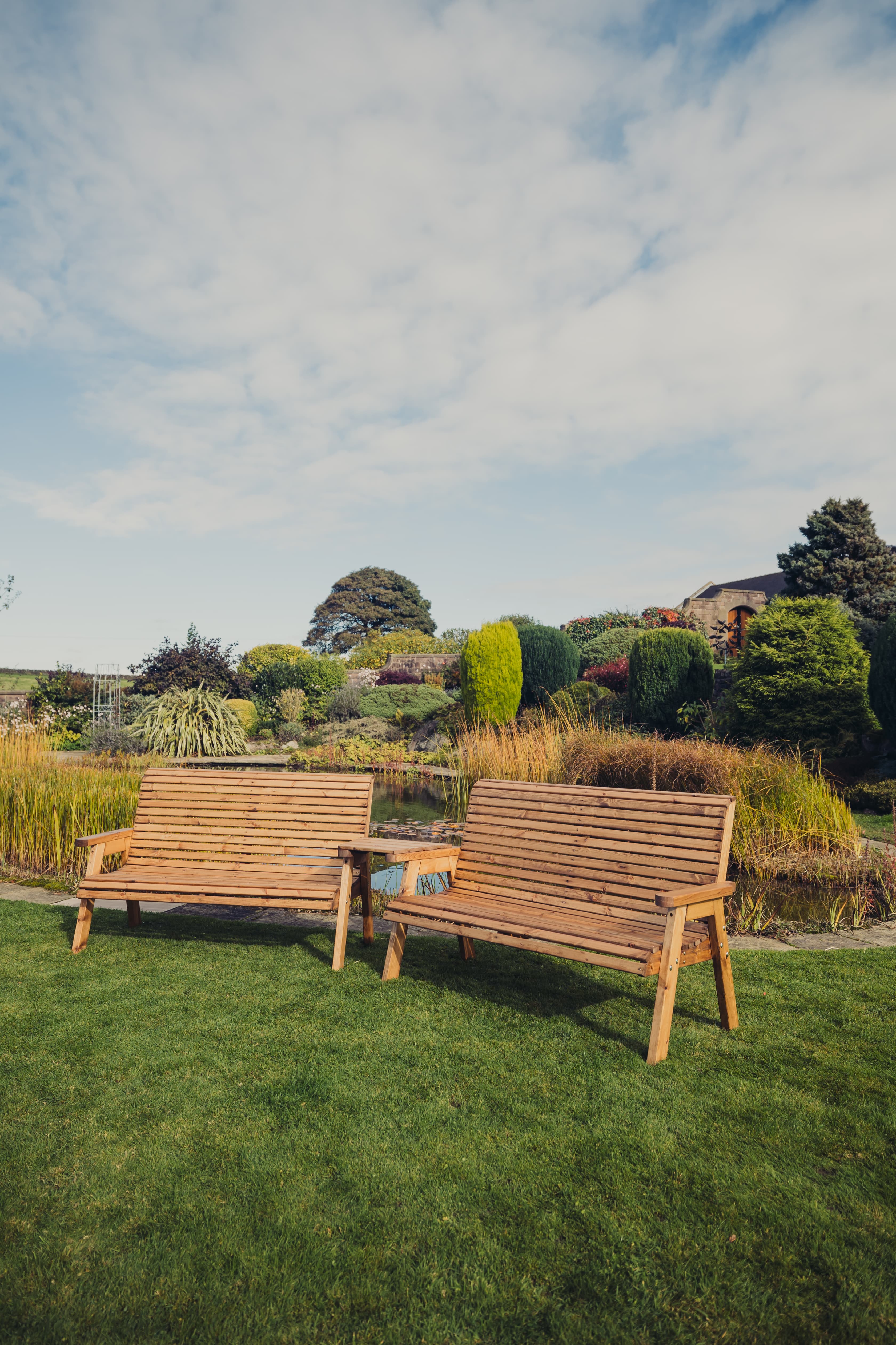 Valley 6 Seat Wooden Garden Love Seat & Double Bench with Angled Tray