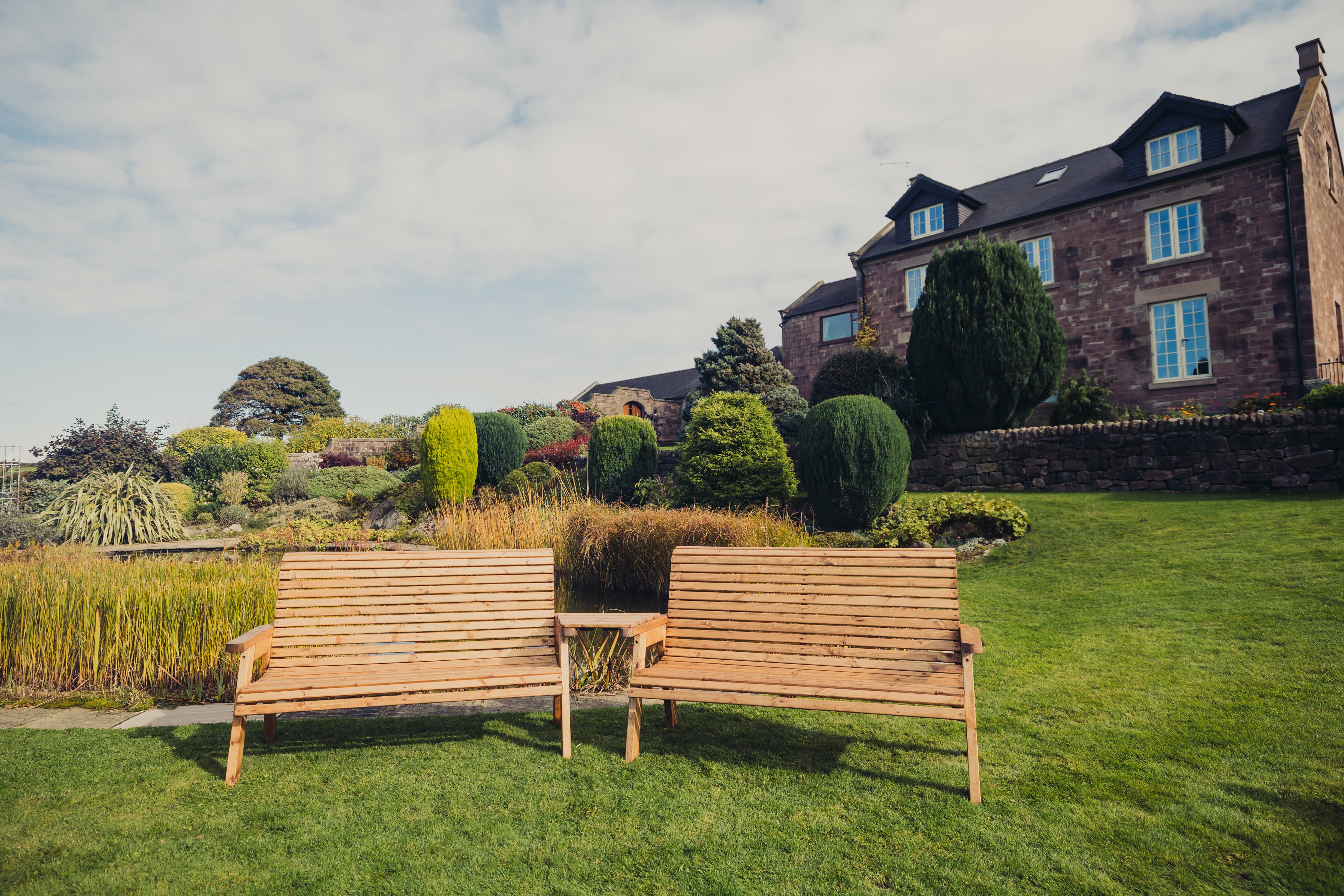 Valley 6 Seat Wooden Garden Love Seat & Double Bench with Angled Tray