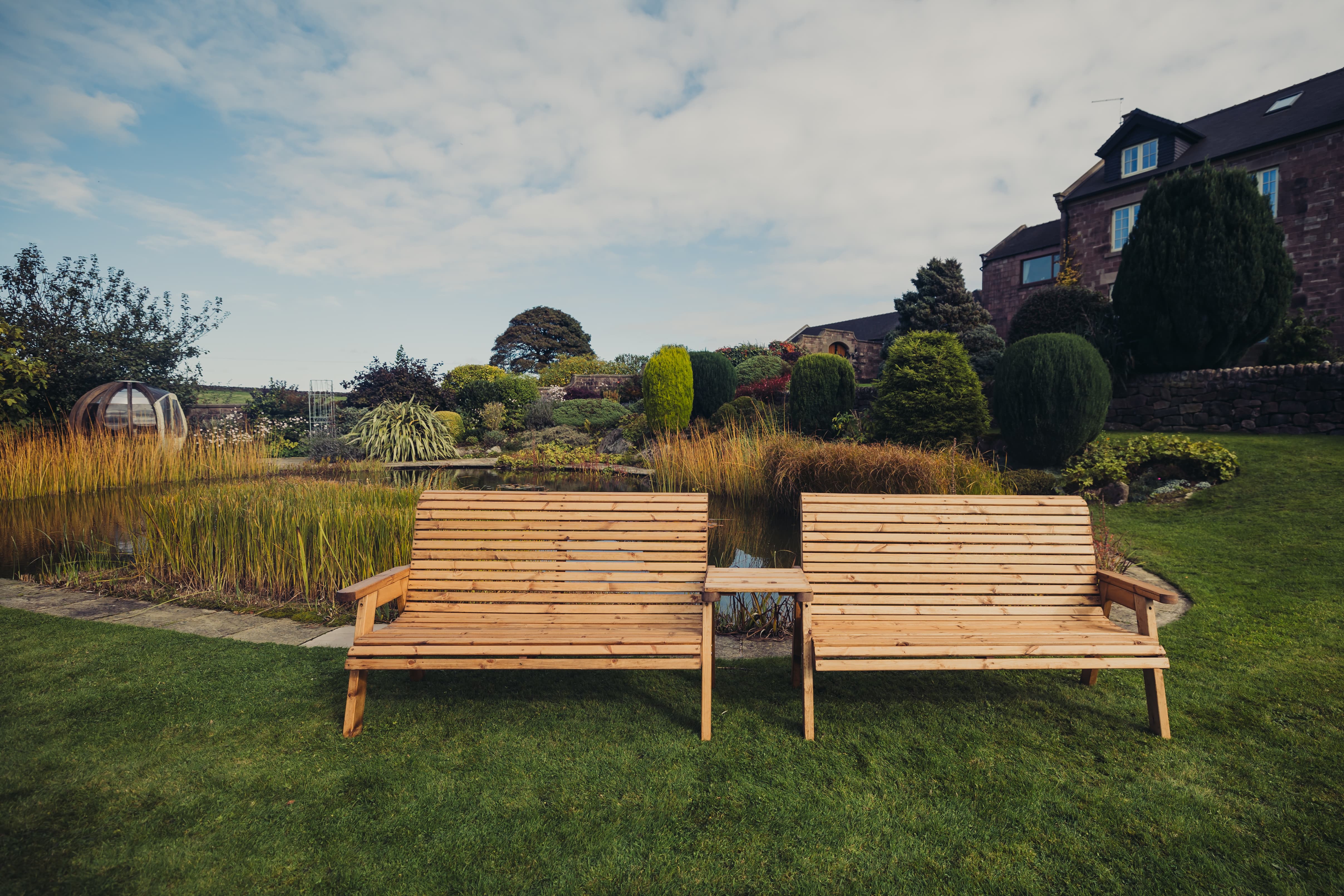 Valley 6 Seat Wooden Garden Love Seat & Double Bench with Straight Tray