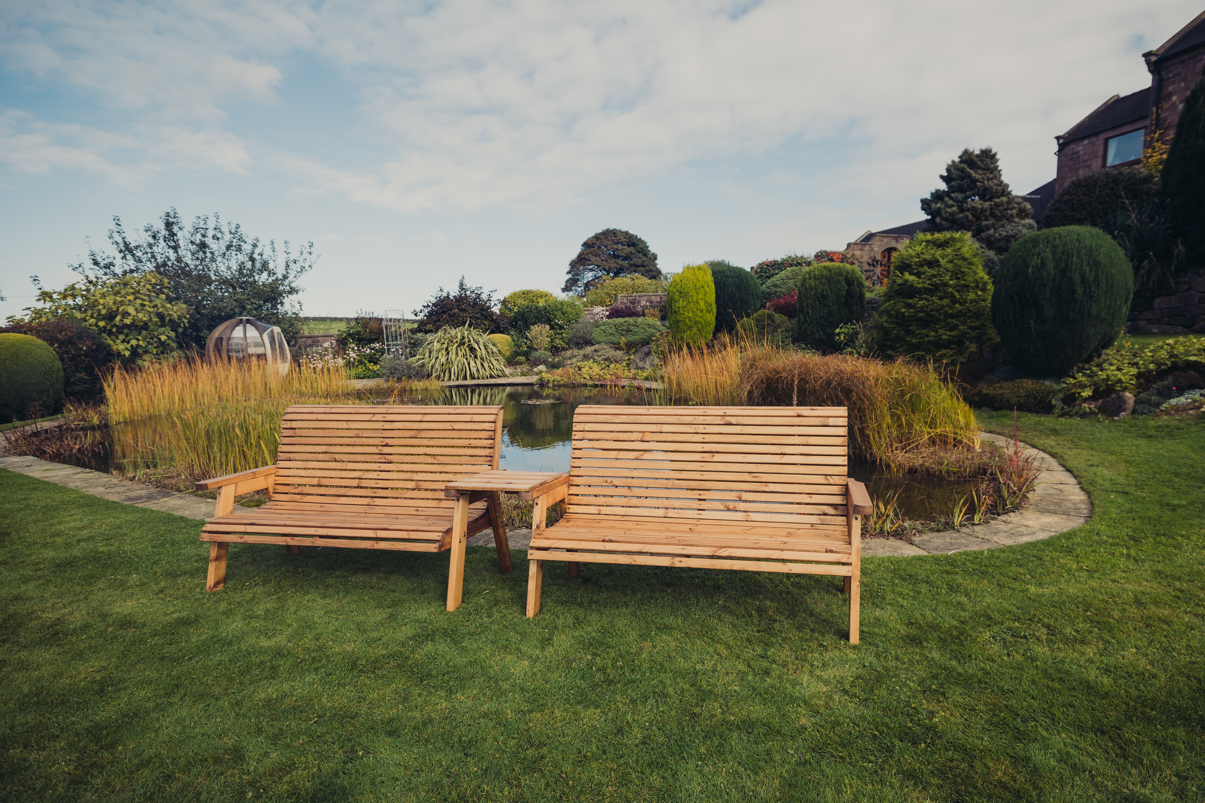 Valley 6 Seat Wooden Garden Love Seat & Double Bench with Straight Tray