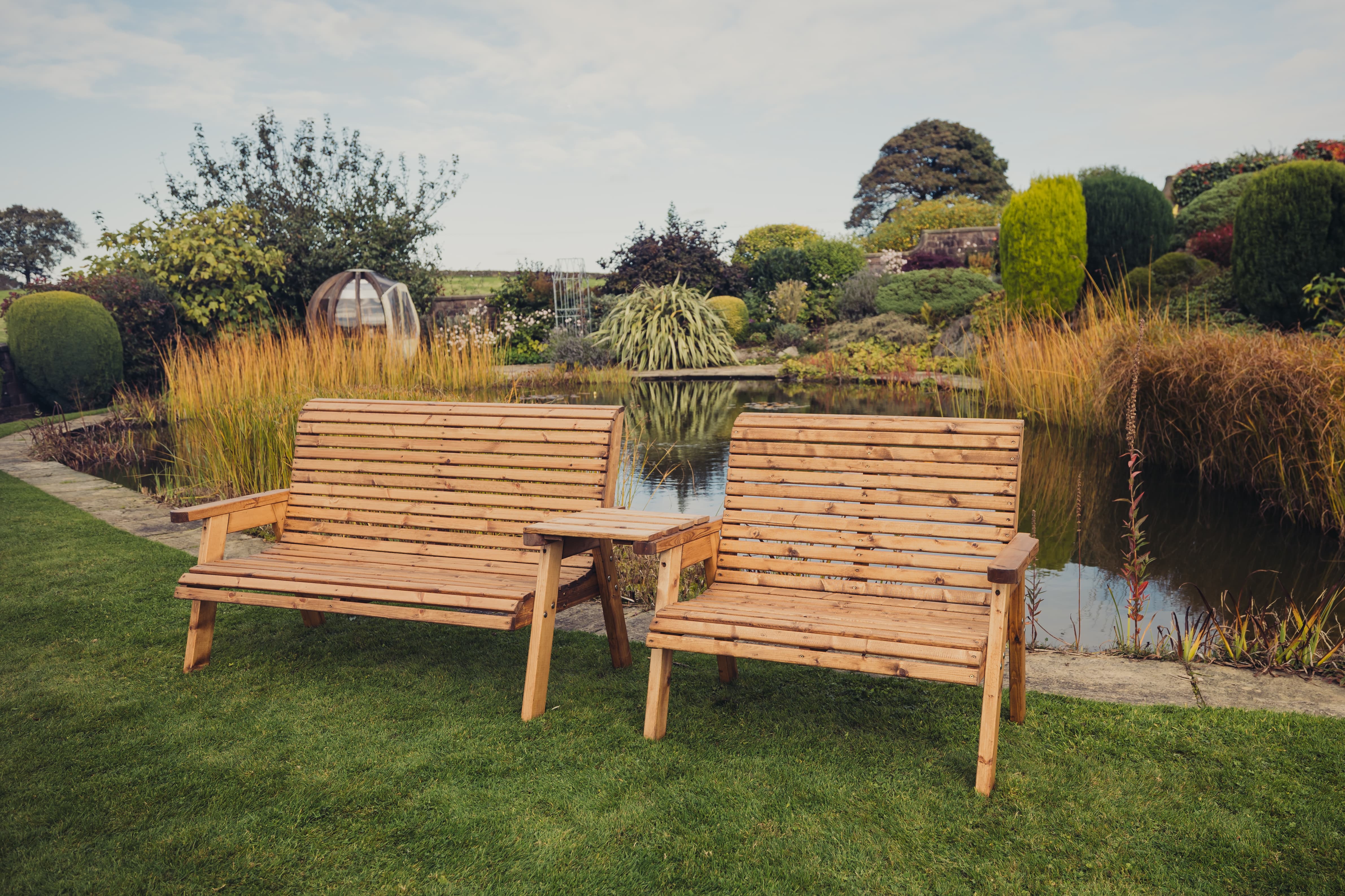 Valley 5 Seat Wooden Garden Love Seat & Double Garden Bench with Straight Tray