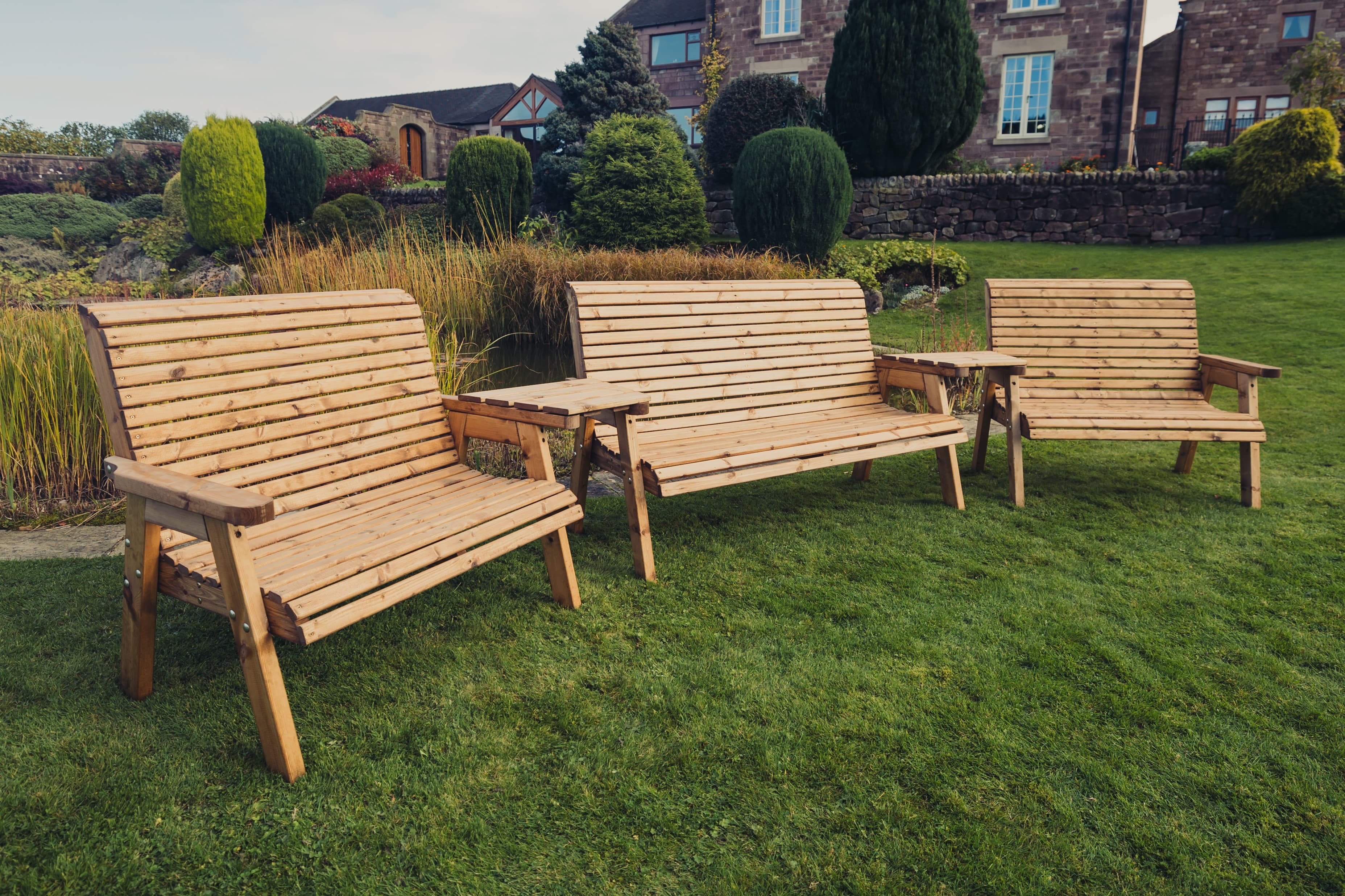 Valley 7 Seat Wooden Trio Love Seat & Triple Garden Bench with Angled Trays