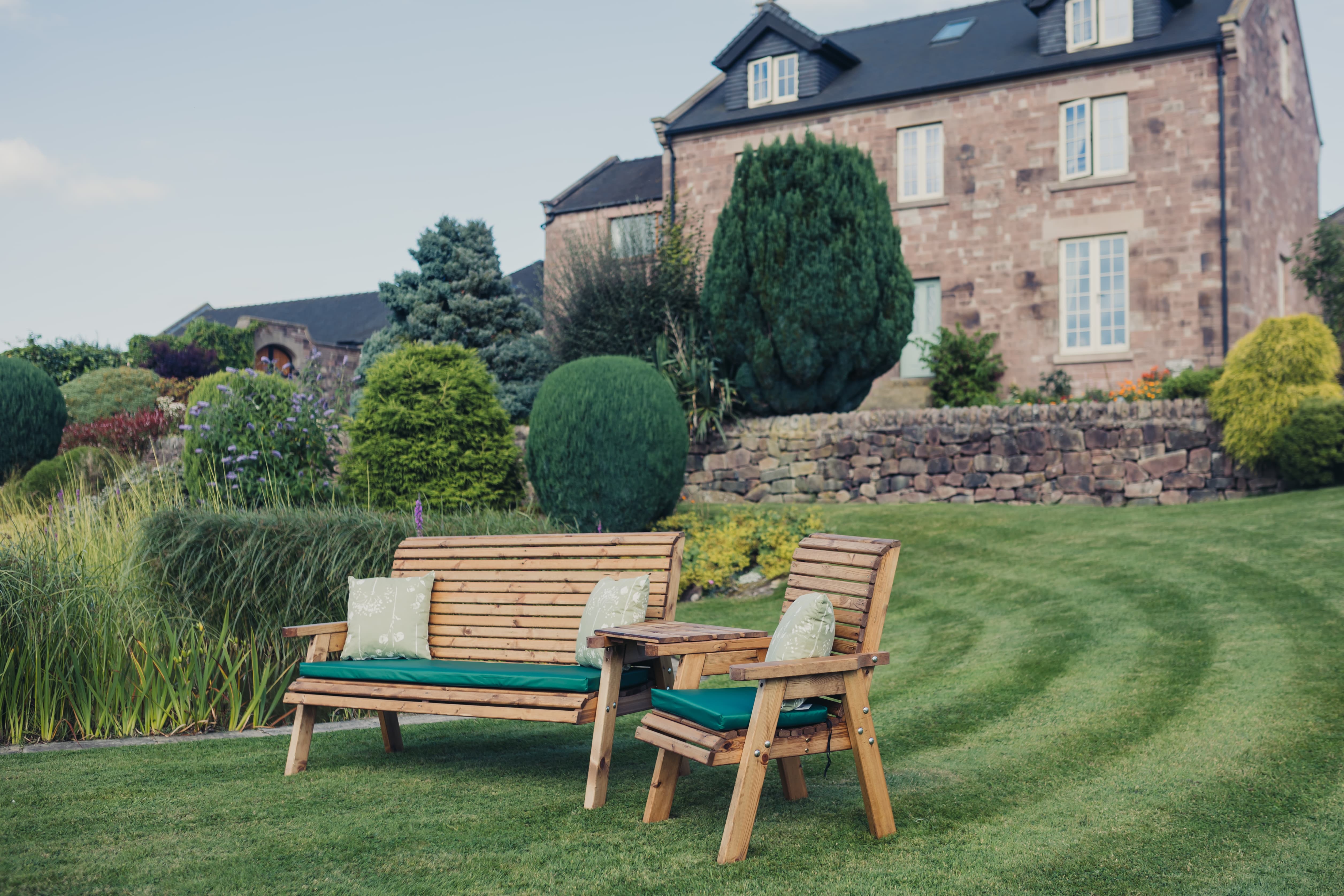 Valley 4 Seat Wooden Love Seat Style Triple Garden Bench & Chair with Angled Tray