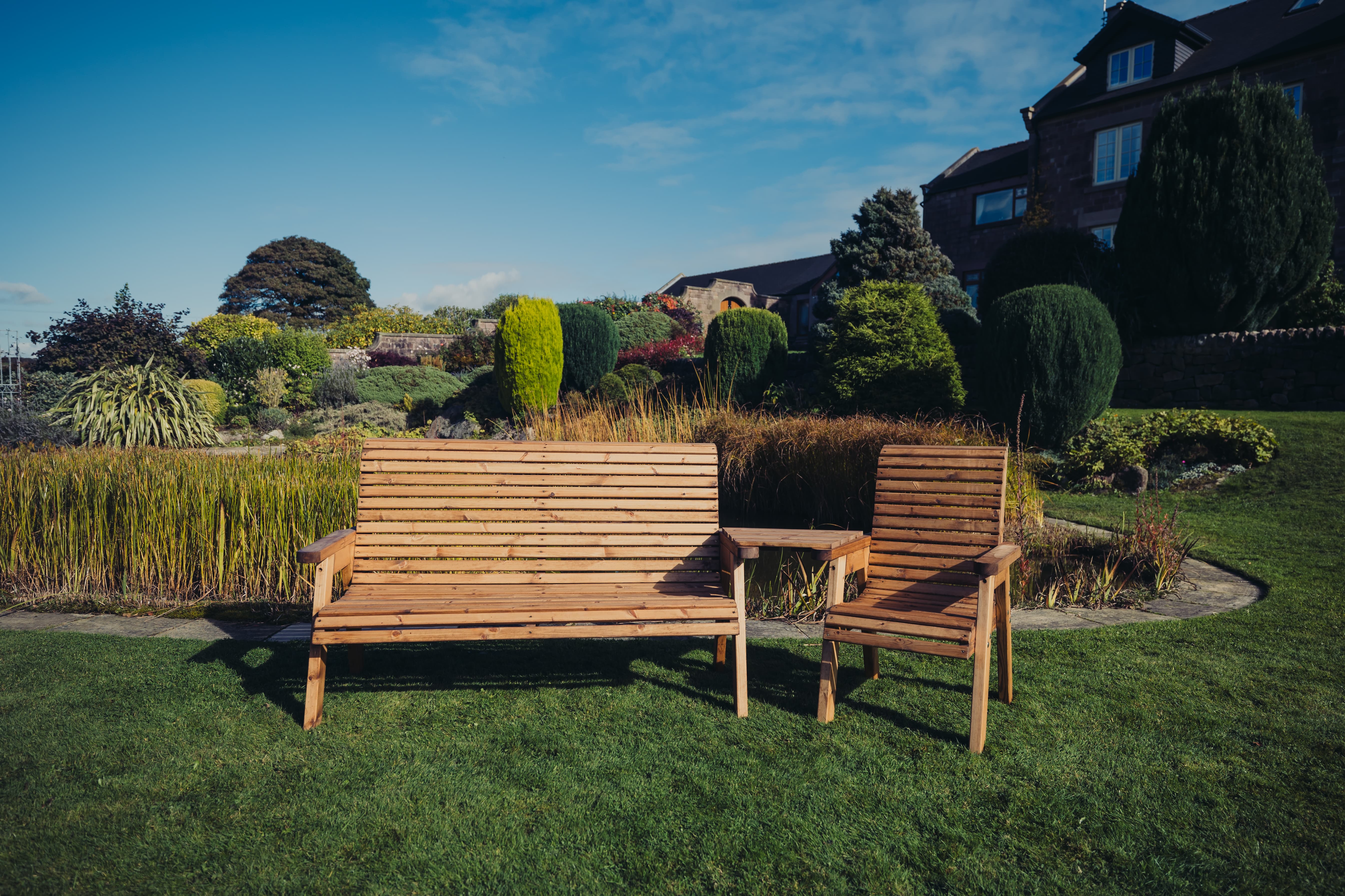 Valley 4 Seat Wooden Love Seat Style Triple Garden Bench & Chair with Angled Tray