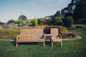 Valley 4 Seat Wooden Love Seat Style Triple Garden Bench & Chair with Straight Tray