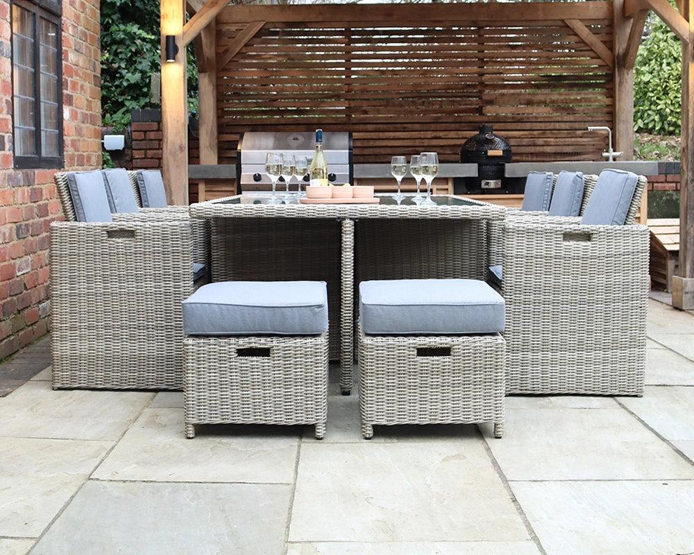 Wentworth 10 Seater Rattan Cube Garden Dining Set with 6 Chairs with Folding Backrest, 4 Stools & Cushions