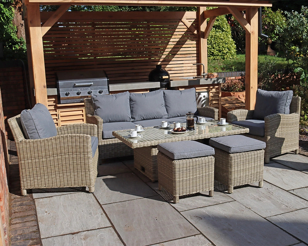 Wentworth Rattan Garden Dining Set with Sofa, 2 Armchairs, 2 Stools & Height Adjustable Table