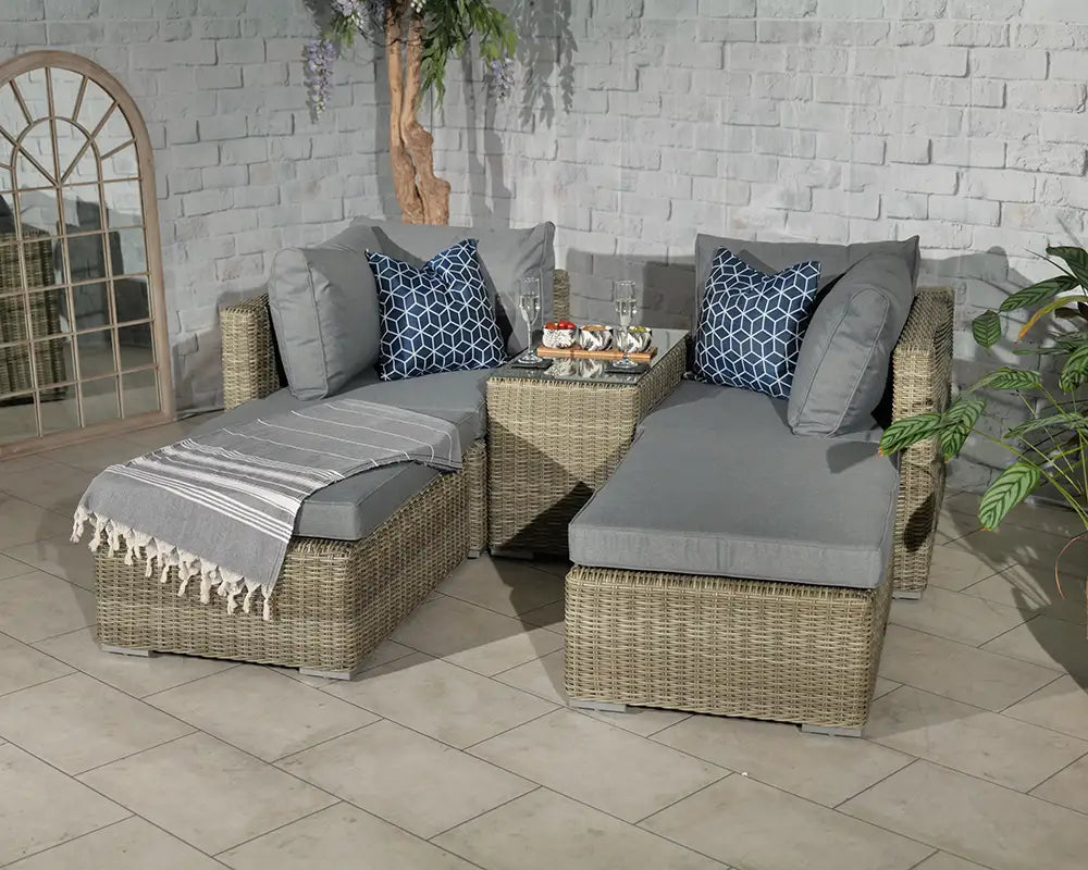 Wentworth Rattan Multi Setting Relaxer Garden Lounge Set - 2 x Ottoman Seats, Side Table & Cushions