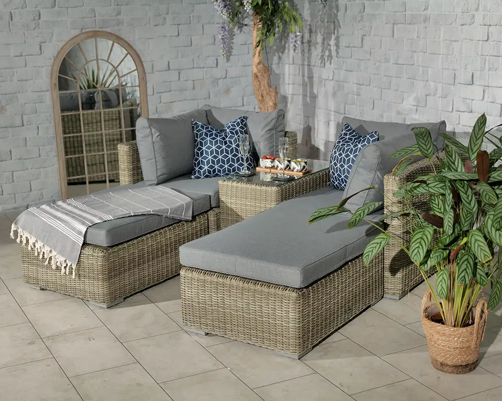 Wentworth Rattan Multi Setting Relaxer Garden Lounge Set - 2 x Ottoman Seats, Side Table & Cushions