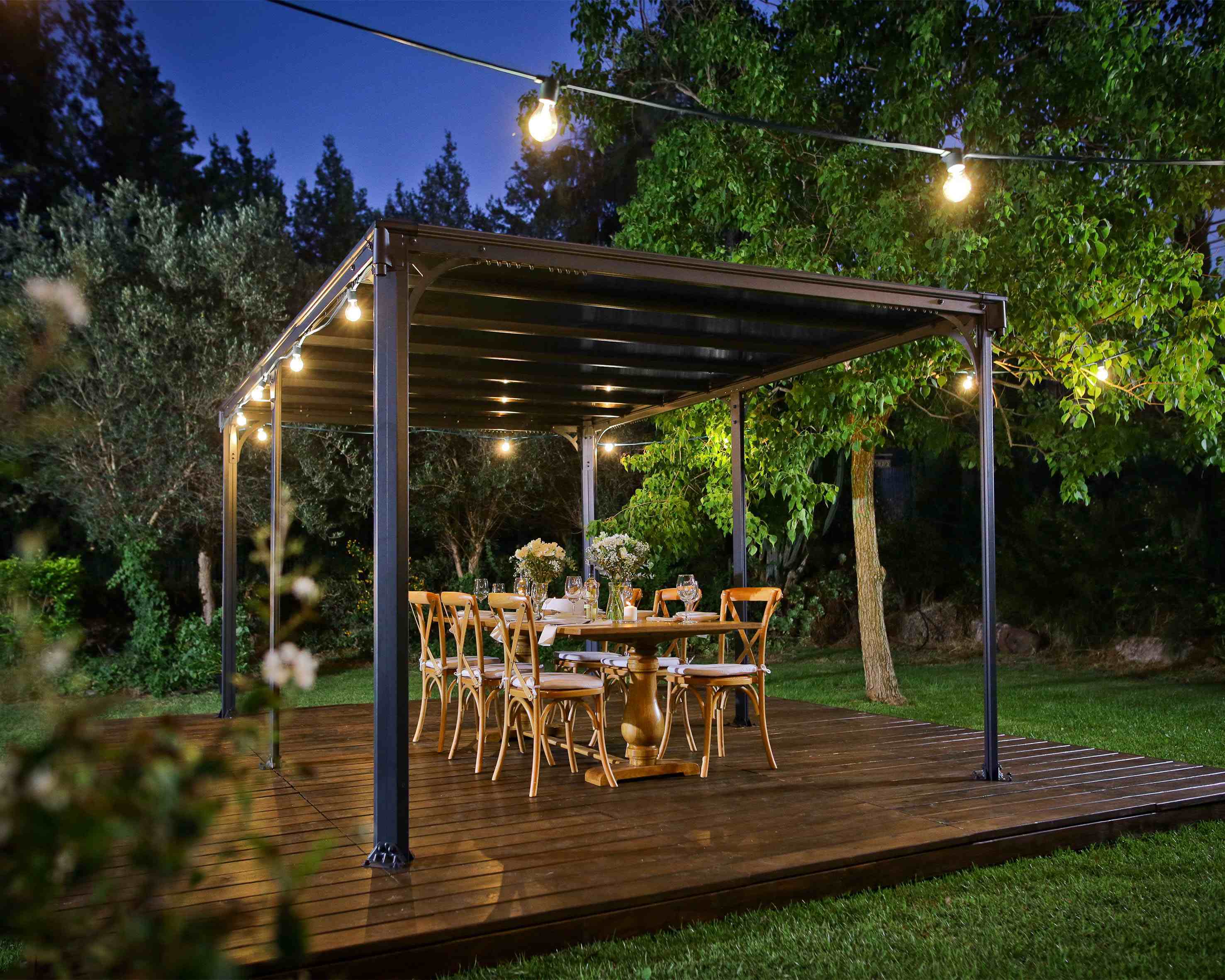 Milano 4300 Aluminium Grey Gazebo & Pergola At Night - Canopia by Palram