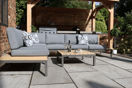 Aspen Teak 6 Seat Modular Garden Corner Lounge Sofa Set Set with Coffee Table