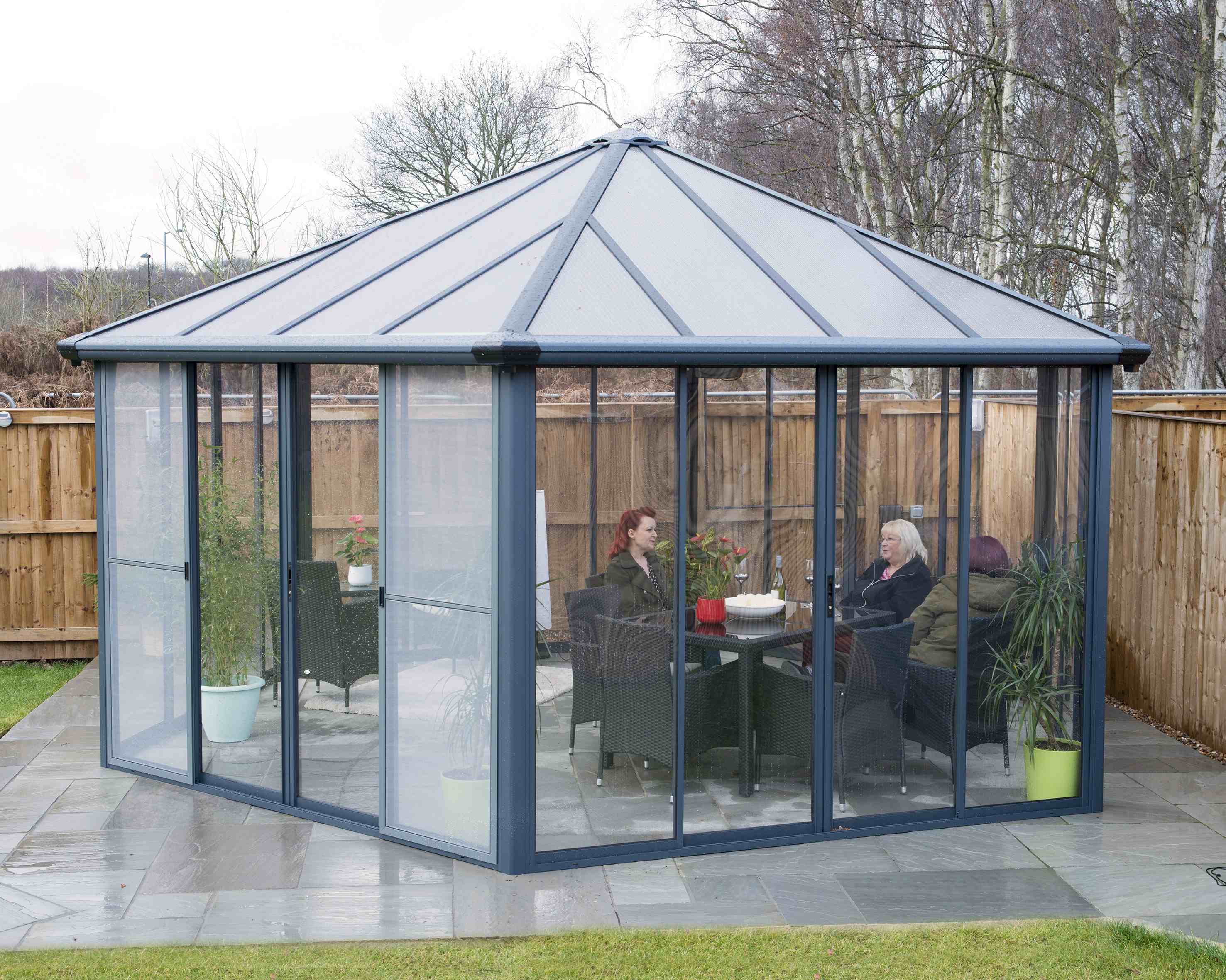 Garda Hexagon Aluminium Garden Grey Gazebo & Petgola with 6 Sliding Double Doors