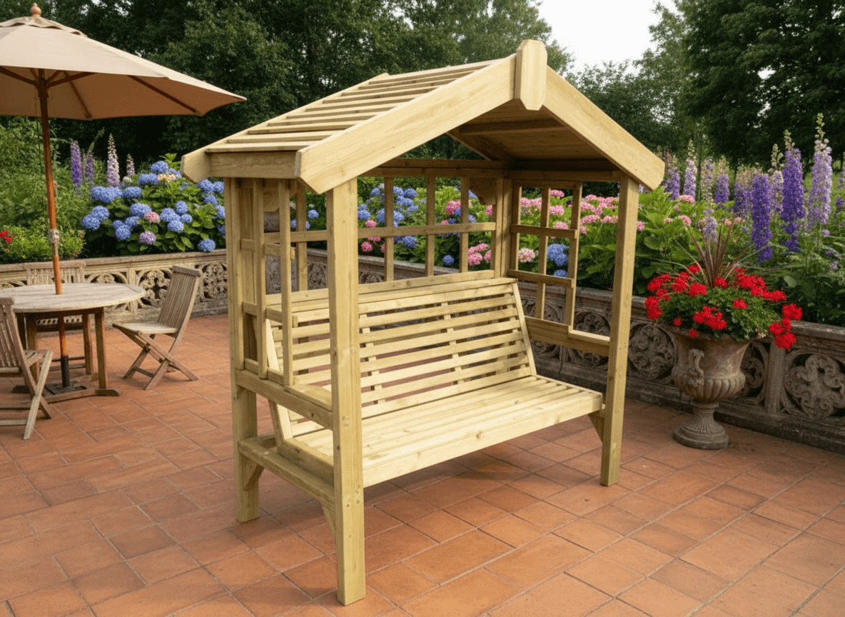 Cottage 3 Seater Trellis Chunky Wooden Garden Arbour - Churnet Valley