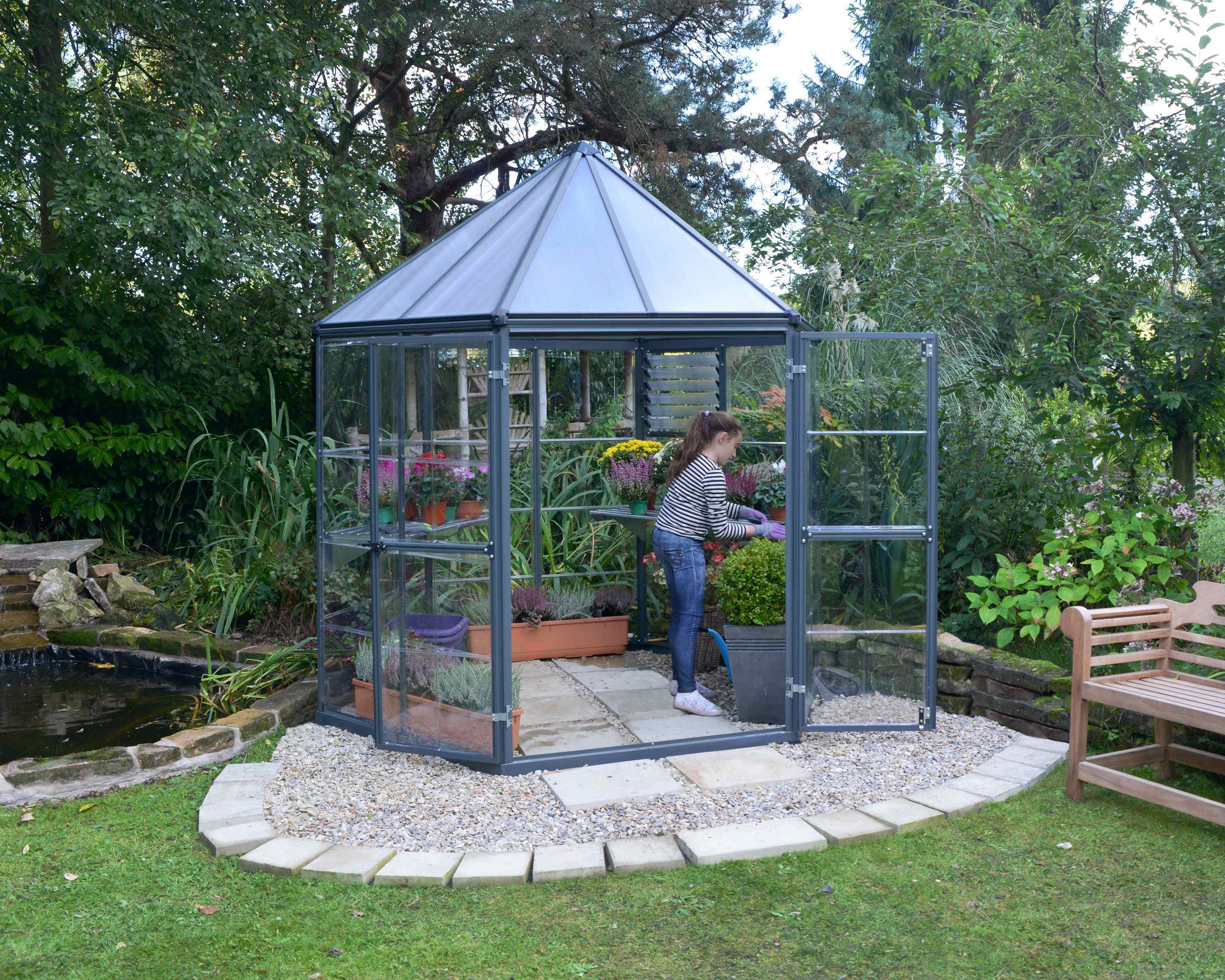 Oasis Aluminium Frame 8ft Hexagonal Polycarbonate Grey Greenhouse - Canopia by Palram