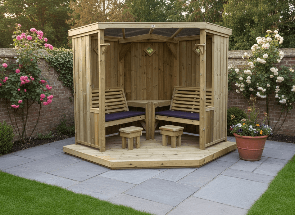 Four Seasons Chunky Wooden Corner Garden Room & Corner Arbour - with Decking
