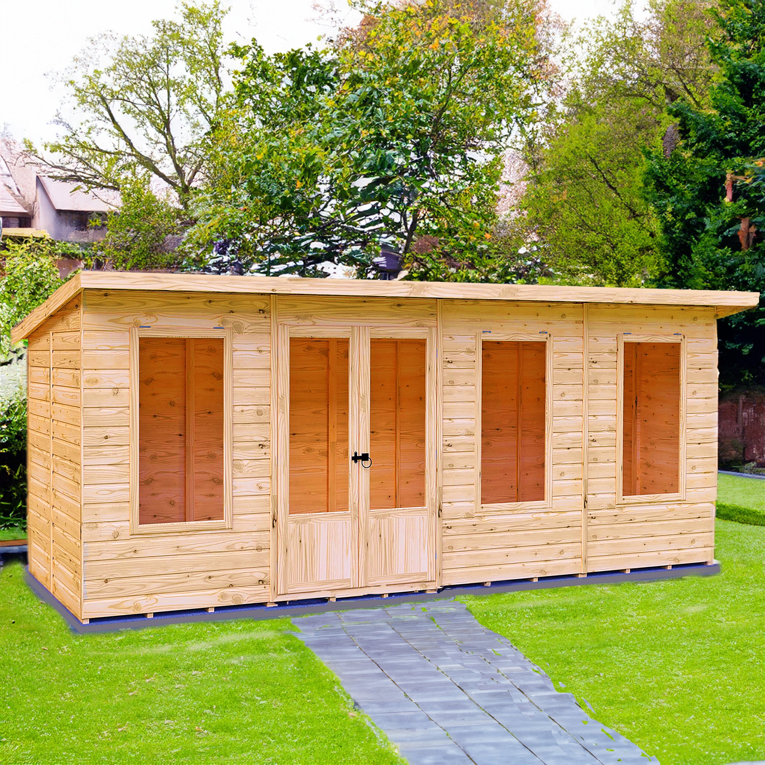 Peony 16x6 Large Wooden Overlap Pent Summerhouse with Double Doors