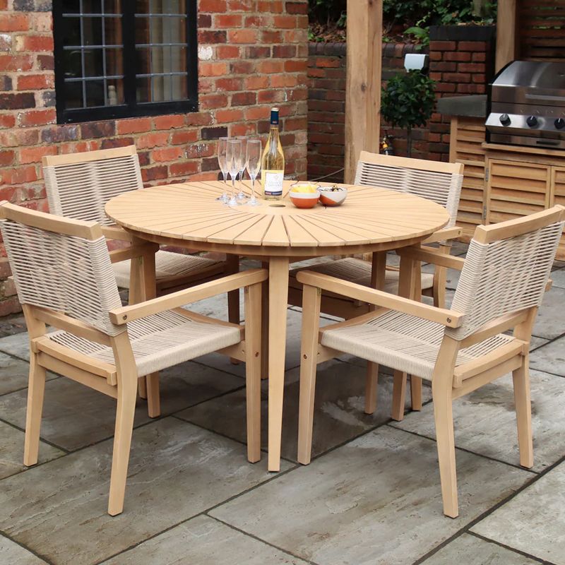 Roma 120cm Round Sunray Dining Table Set with 4 Rope Stacking Chairs