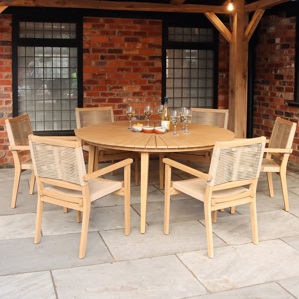 Roma 150cm Round Sunray Garden Dining Table Set with 6 Rope Stacking Chairs