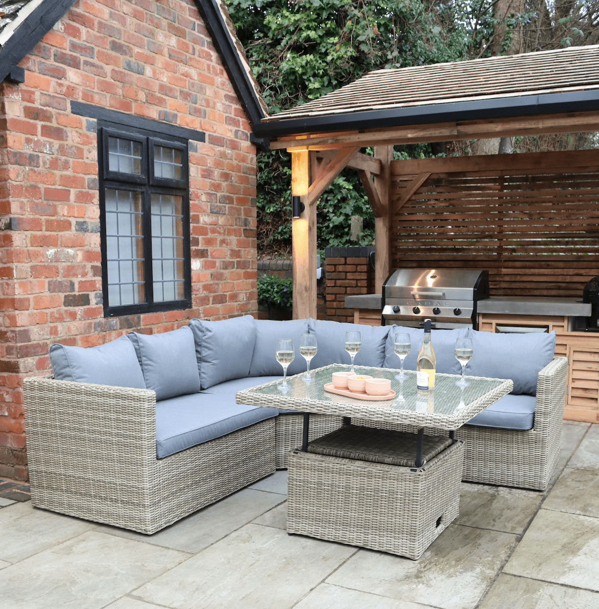 Wentworth Rattan Corner Garden Lounge Set with Adjustable Height Table & Cushions