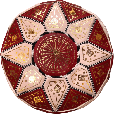 Moroccan Leather Pouf in Red & Gold