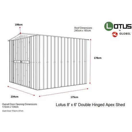 Lotus 8x6 Double Hinged Apex Metal Shed in Grey