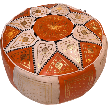 Moroccan Leather Pouf in Orange & Gold