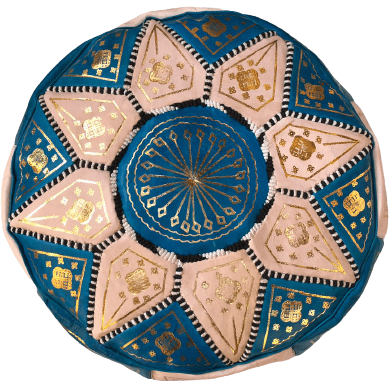 Moroccan Leather Pouf in Blue & Gold