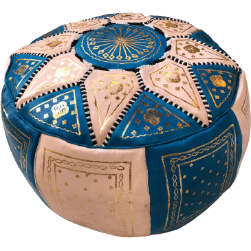 Moroccan Leather Pouf in Blue & Gold