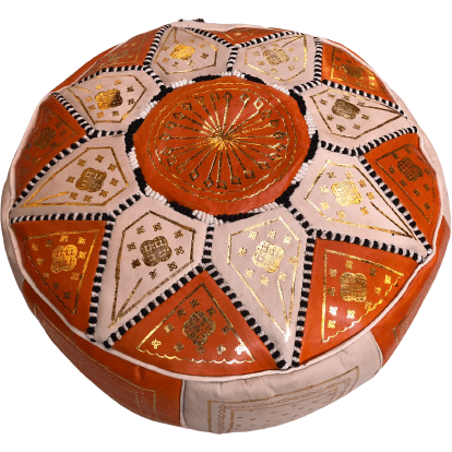 Moroccan Leather Pouf in Orange & Gold