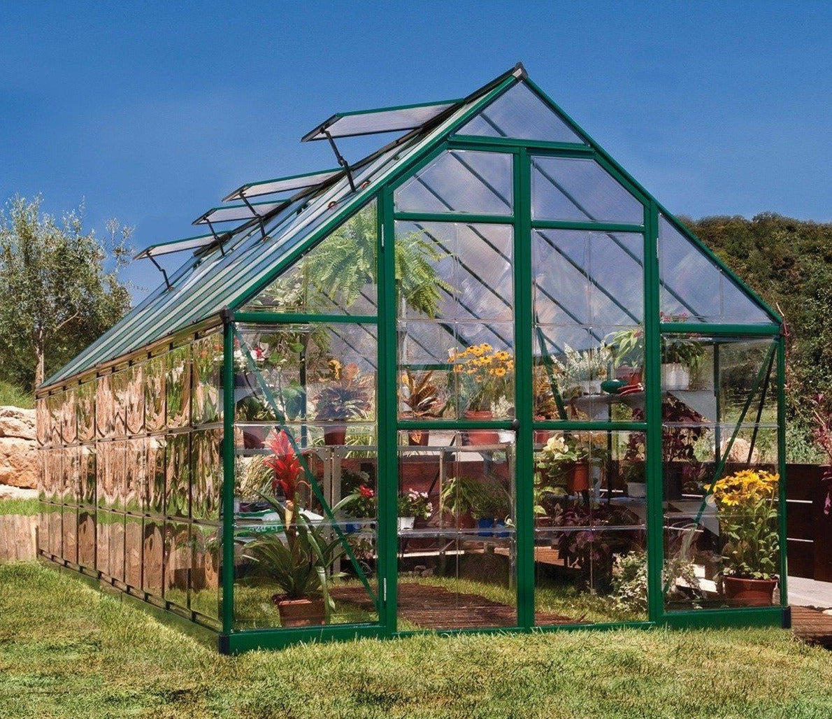 Balance Aluminium Frame 8ft x 20 ft Polycarbonate Greenhouse in Green - Canopia by Palram