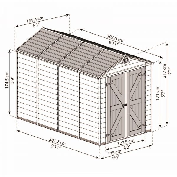 Palram Skylight Tan Plastic Shed 6x10 dimensions/measurements